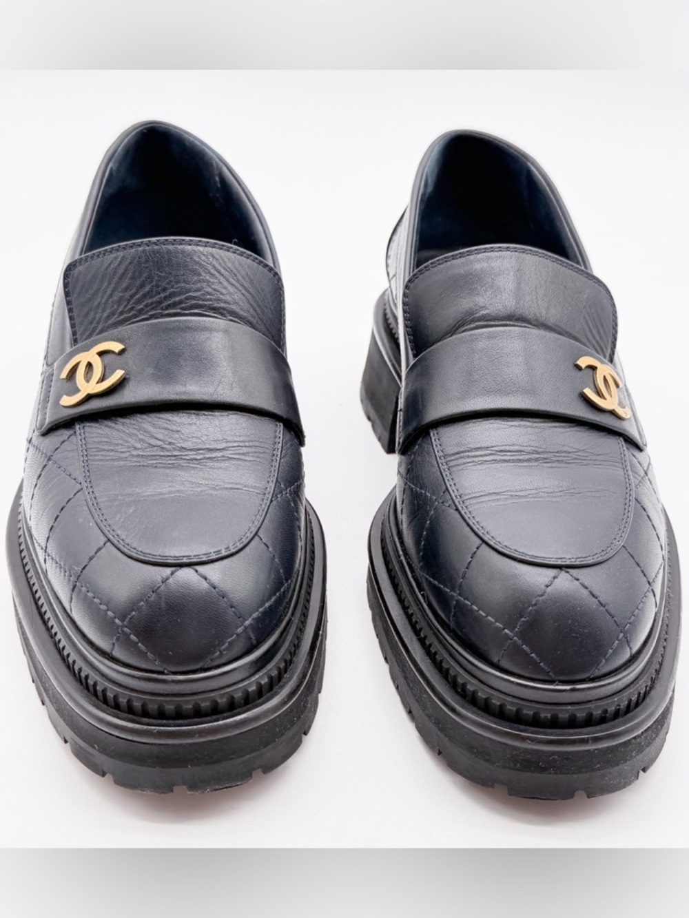 CHANEL CC Logo Dark Blue  Quilted Lug Sole Platform Loafers Leather EU 38.5 US8 - Picture 6 of 13